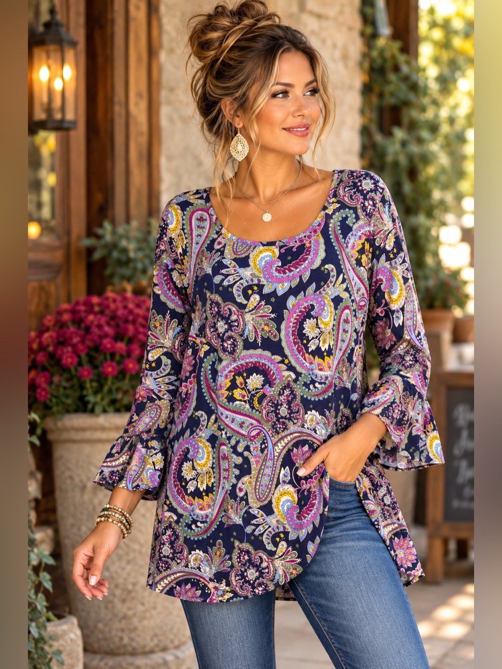 The Zig Zag Stripe Large Paisley Tunic Top Ruffle Bell Sleeve Boho Navy